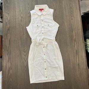 NWOT Guess Los Angeles Linen Blend White Collared Utility Tie Waist Dress Sz M
